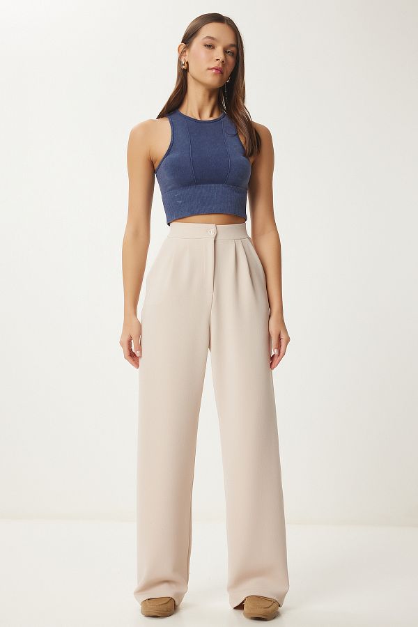 Happiness İstanbul-Damen-Strickhose aus cremefarbenem Lycra mit entspanntem Schnitt – RV00175 1
