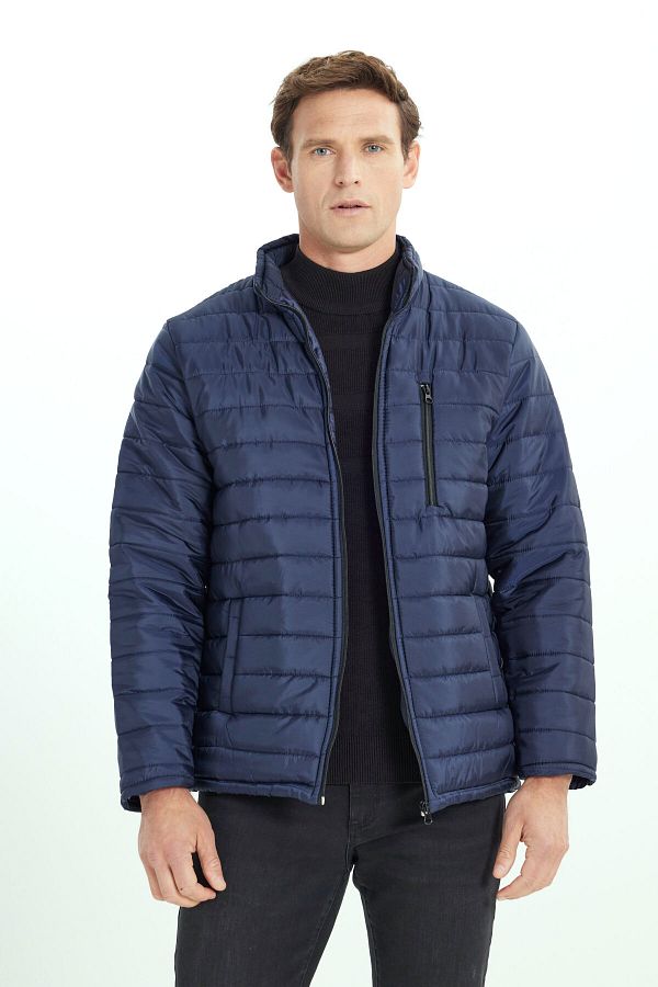 AC&Co / Altınyıldız Classics-Palton pentru bărbați, albastru bleumarin, cald, rezistent la vânt, căptușit, cu potrivire standard, cu guler în picioare, cu buzunare laterale 1