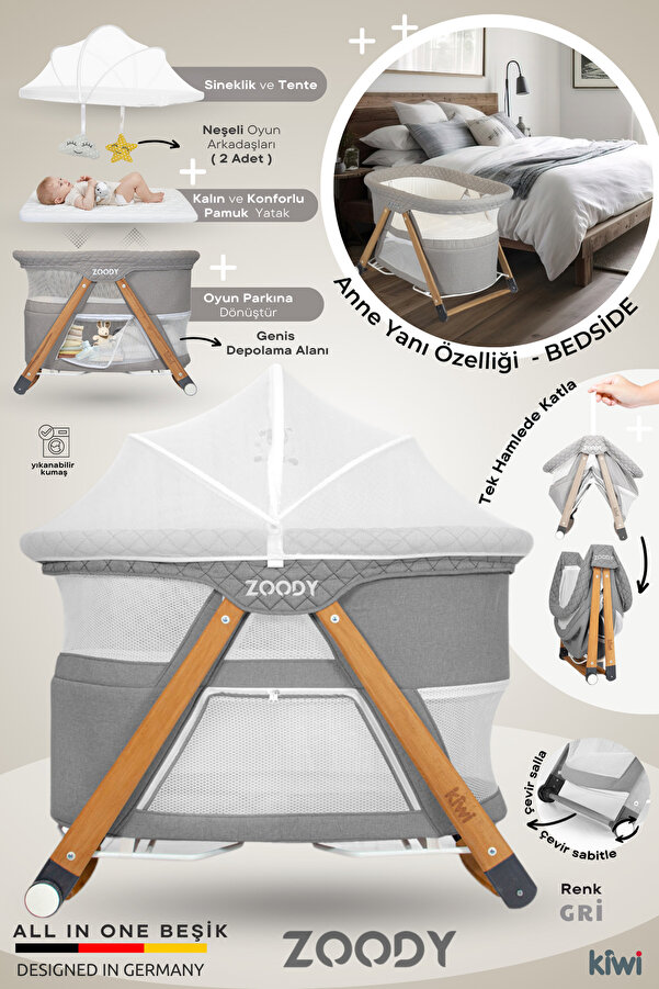 Kiwi Zoody Park Yatak ve Oyun Parkı Bebek Beşiği, Anne Yanı Beşik, Park Beşik, Sallanan Beşik-Gri Renk