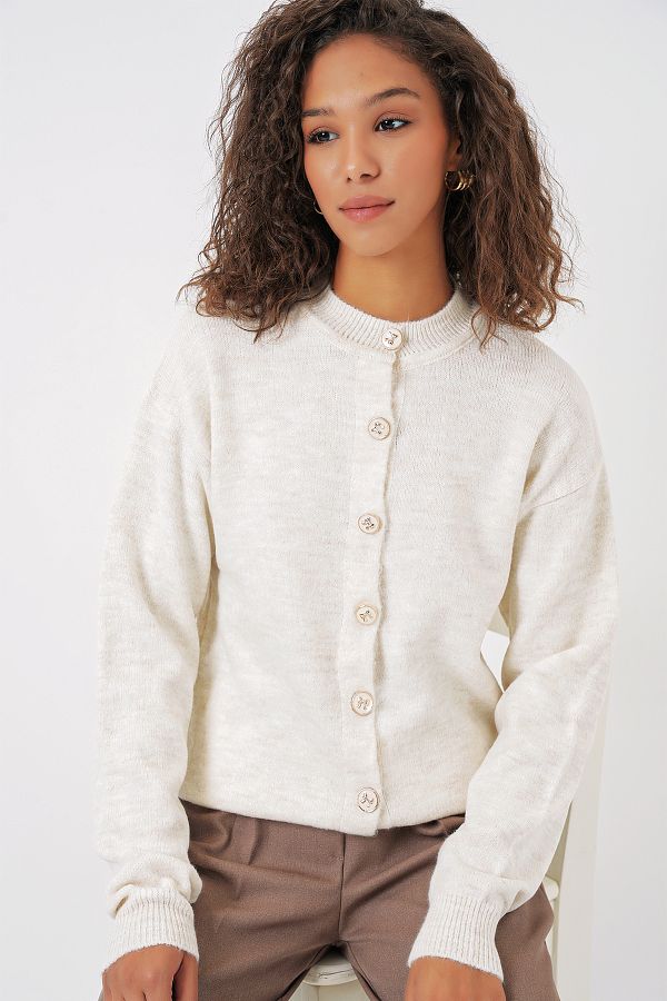 Bigdart-15912 Model Ecru Women's Cardigan - Buttoned Design 1