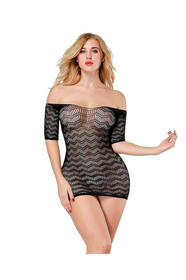 İntive Lingerie-Mini ciorapi/rochie de corp decoltat din plasă cu model în zig-zag 1