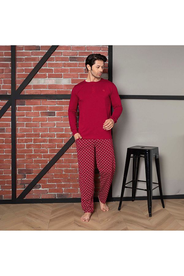 GUAVA+-Red Bottom Patterned Collar Buttoned Men's Long Sleeve Pyjamas Set 1