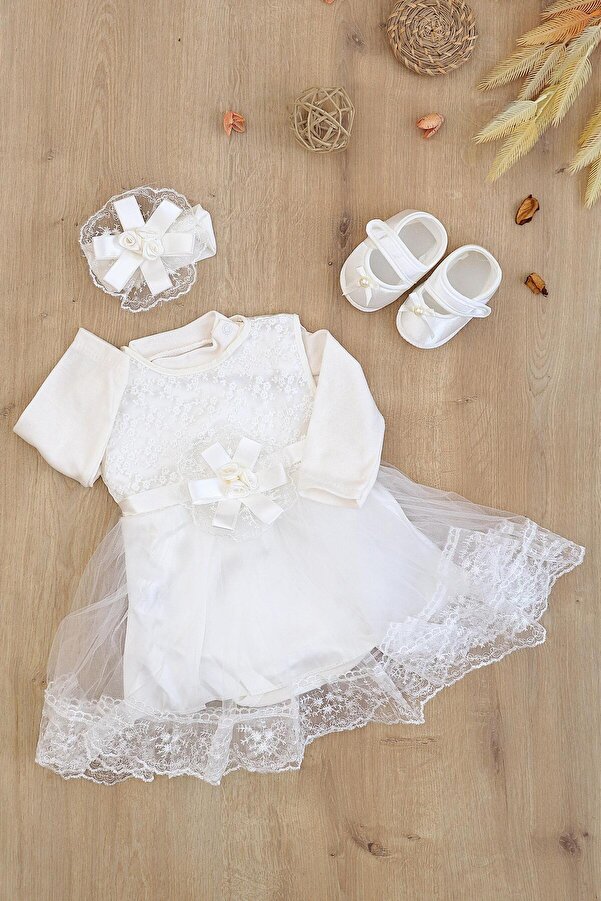 Sitilin Kız Bebek Mevlüt Elbisesi Gelinlik Dantelli Mevlit Takımı Bebek Mevlütlük Set 0-3 AY STL6830