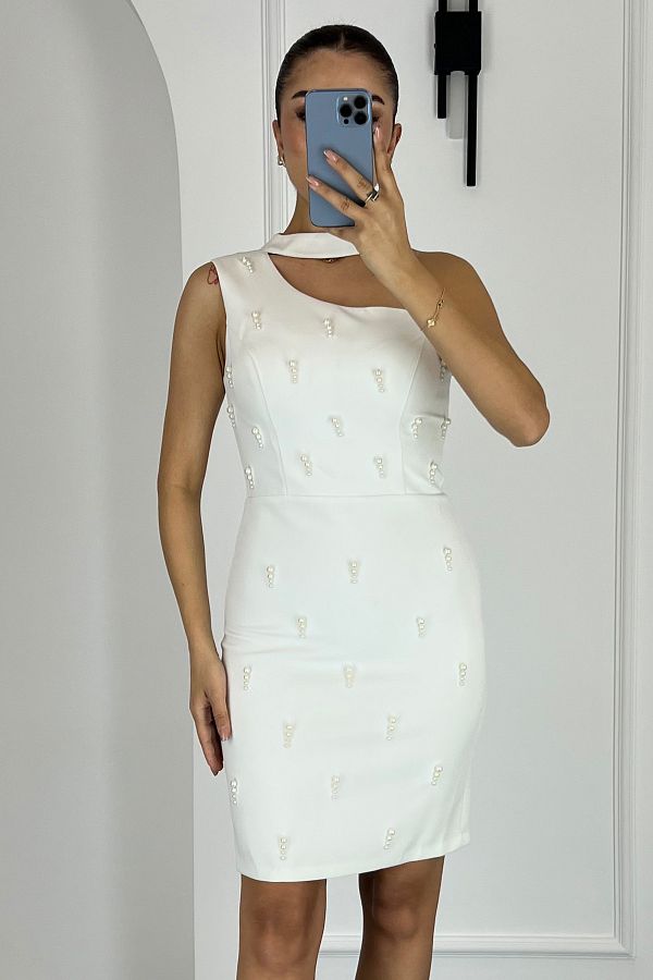 Lafaba-Women's White Pearl Mini Promise Engagement Wedding Evening Dress 1