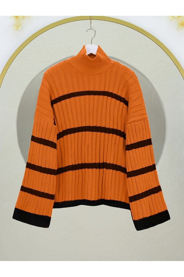 Modamorfo-Orange gestreifter Strickpullover mit lockeren Ärmeln 1