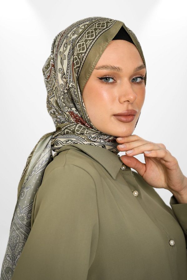 hijabchi-Ottomaria Series Khaki Green Imported Voile Silk Retro Patterned Shawl - New Collections 1