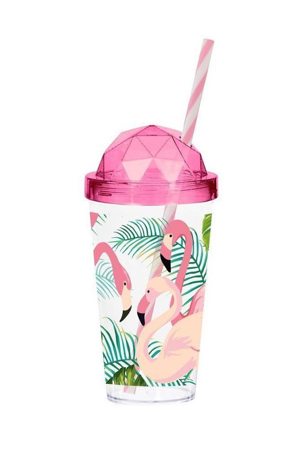 Herevin-660 Cc Diamond Lid Patterned Glass with Straw - flamingo 1