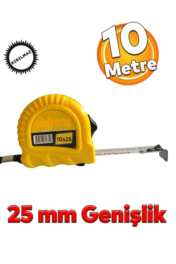Badem10-High Quality 10 Meters 25 mm Bendable Metal Strip with Button - Measuring Measuring with Plastic Case 1