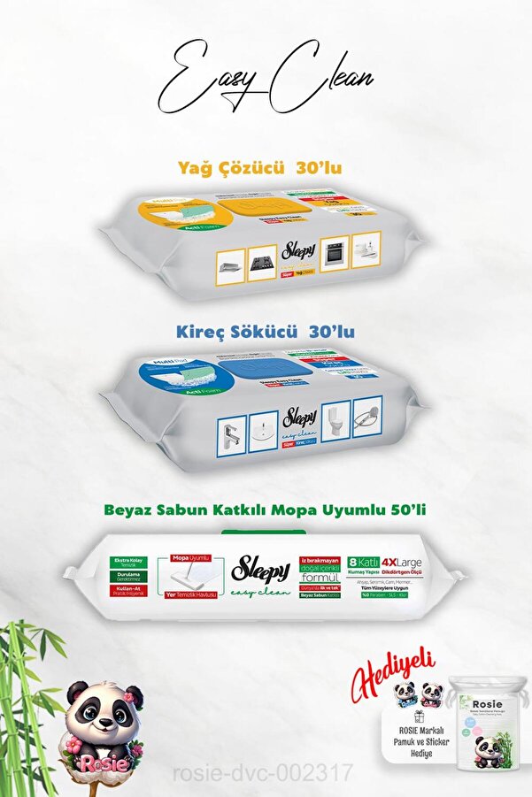 Sleepy 50'li Mopa Uyumlu Arap Sabun katkılı Havlu, Kireç ve Yağ Çözücü 30'lu ve Rosie Hediye