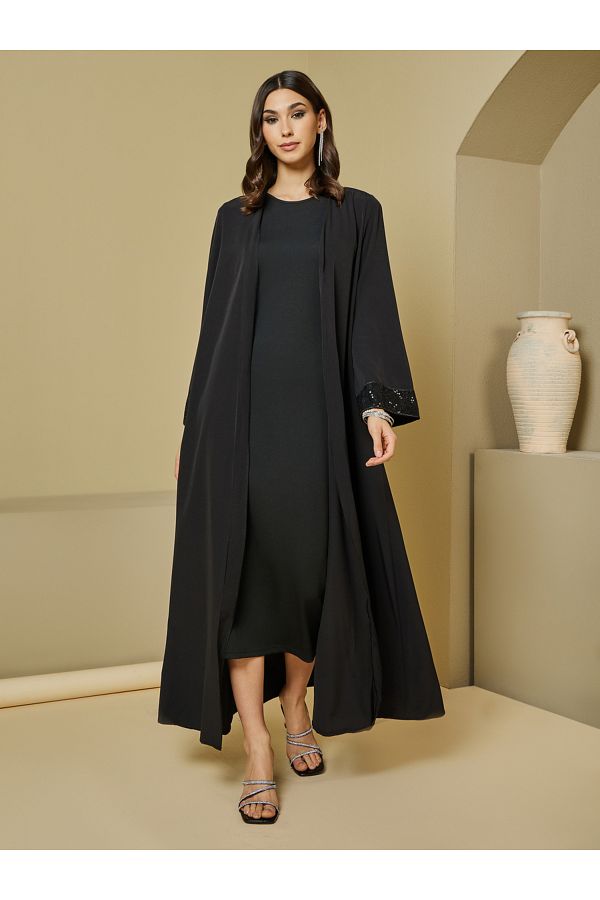 Styli-Sequins Trim on Sleeves Cuff Front Open Abaya 1