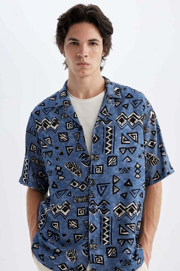 DeFacto-Viscose Patterned Apache Collar Regular Fit Short Sleeve Shirt - C7688Ax24Sm 1