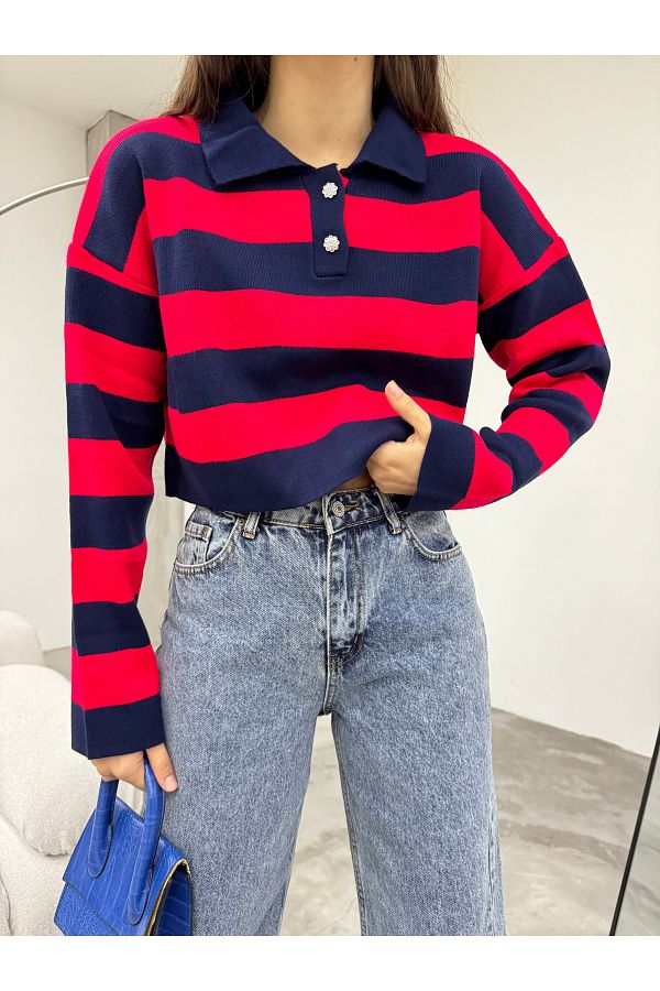 BİKELİFE-Gestreifter Baumwollstrickpullover mit Polokragen 1