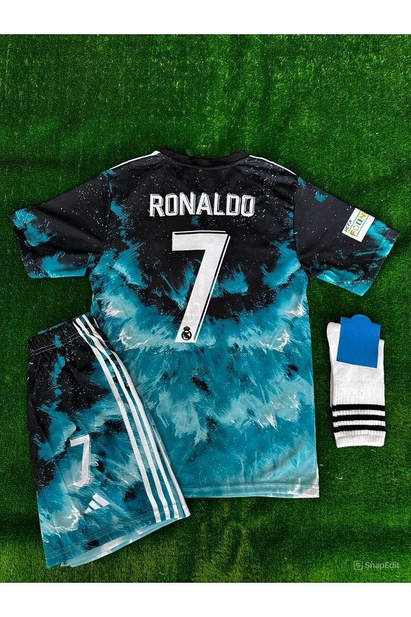 kombinezyum-Cristiano Ronaldo Cr7 Blue Wavy 3-Piece Team - Custom Design Kids Football Shirt 1
