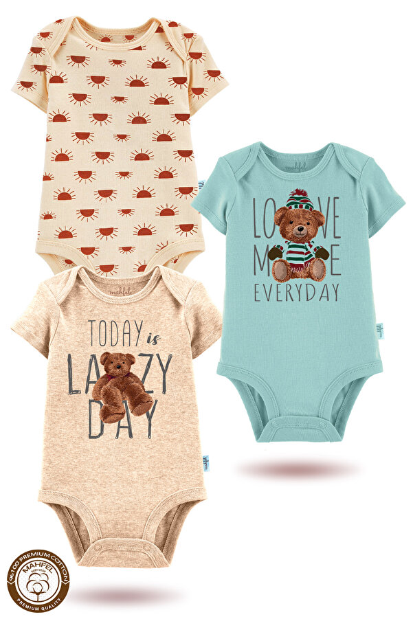 MAHFEL %100 Pamuklu 3'lü Organik Baskılı Çıtçıtlı Bebek Body Zıbın