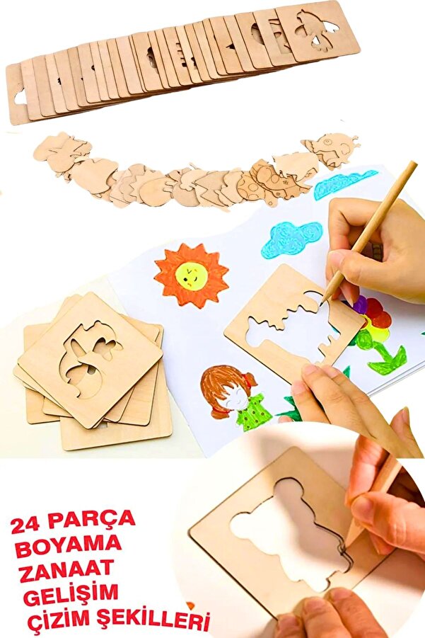 KAŞIKBEY Montessori 24 Parça Çocuk Ahşap Yapboz Çizim Boyama Sevimli Hayvanlar Şekilleri Beyin Jimlastiği