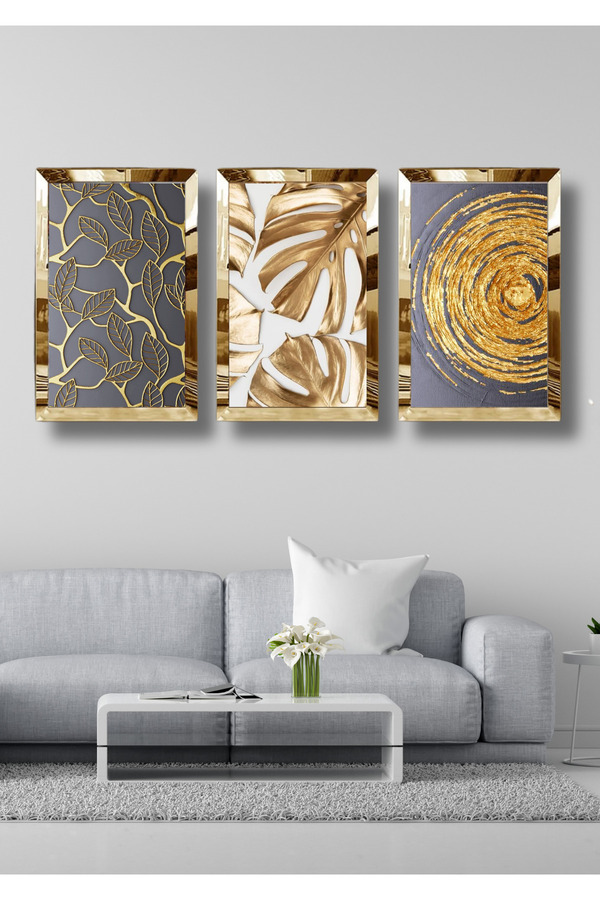 NT Handmade-Set de pictură în 3 piese din plexiglas auriu cu oglindă natură abstractă 1