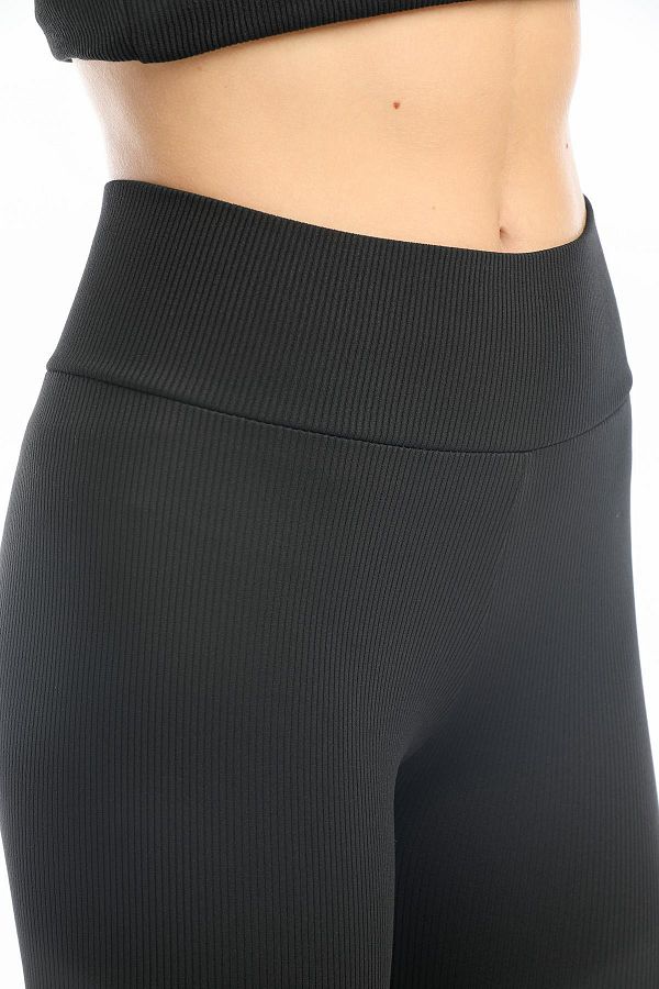 Domoda-Schwarze, hoch taillierte, gerippte, gestrickte Leggings mit elastischem Interlock-Taillenband 1