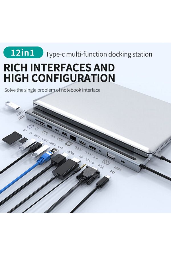 Choice-محطة إرساء USB-C 12 في 1 باللون الرمادي مع 4K HDMI وDP وVGA وUSB3.0 وقارئ SD/TF وPD 100 وات وصوت 3.5 مم وR 1