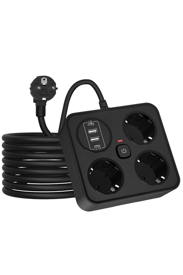 Choice-250v Eu 3 Black European Plug Extension Cord Power Strip With 3ac 2usb-a 2usb-c With Switch Multi-co 1