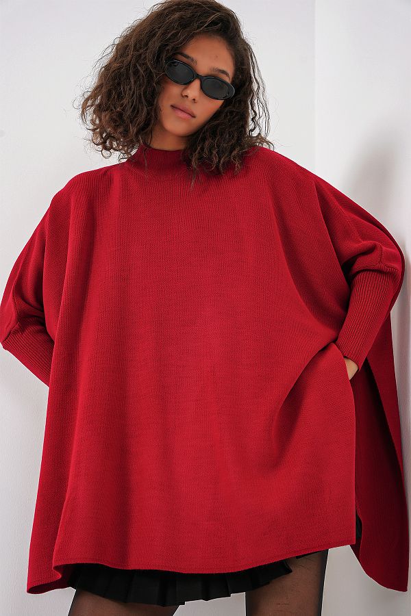 Bigdart-15783 Model Red Poncho Sweater with Slit Detail 1