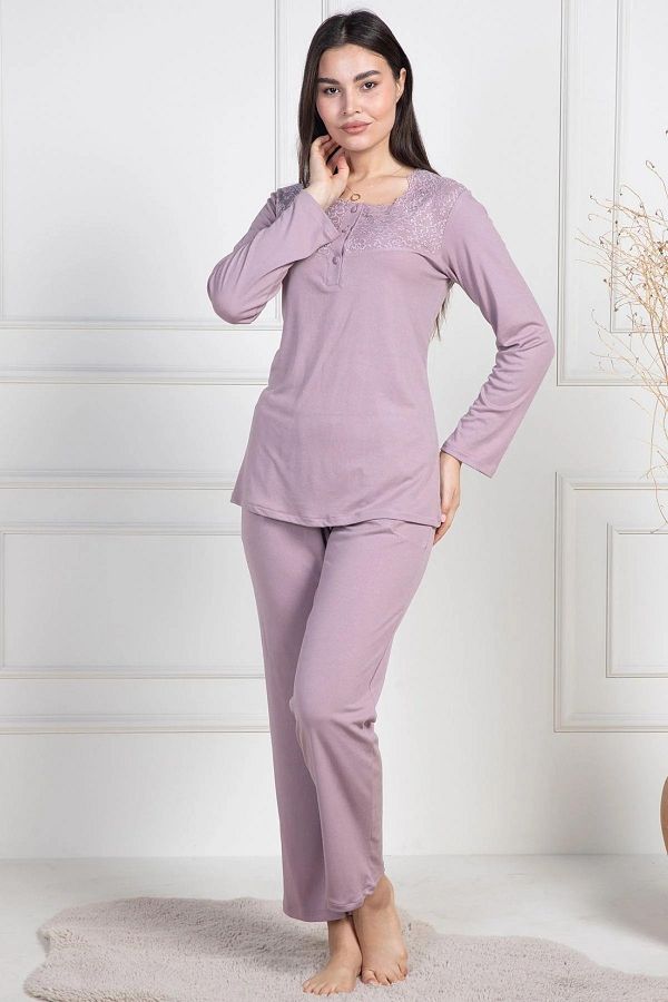 Mecit Pijama-Set de pijamale pentru femei, cu mâneci lungi, guler cu nasturi, dantelă, mărime mare, 75% bumbac, 25% viscoză 1