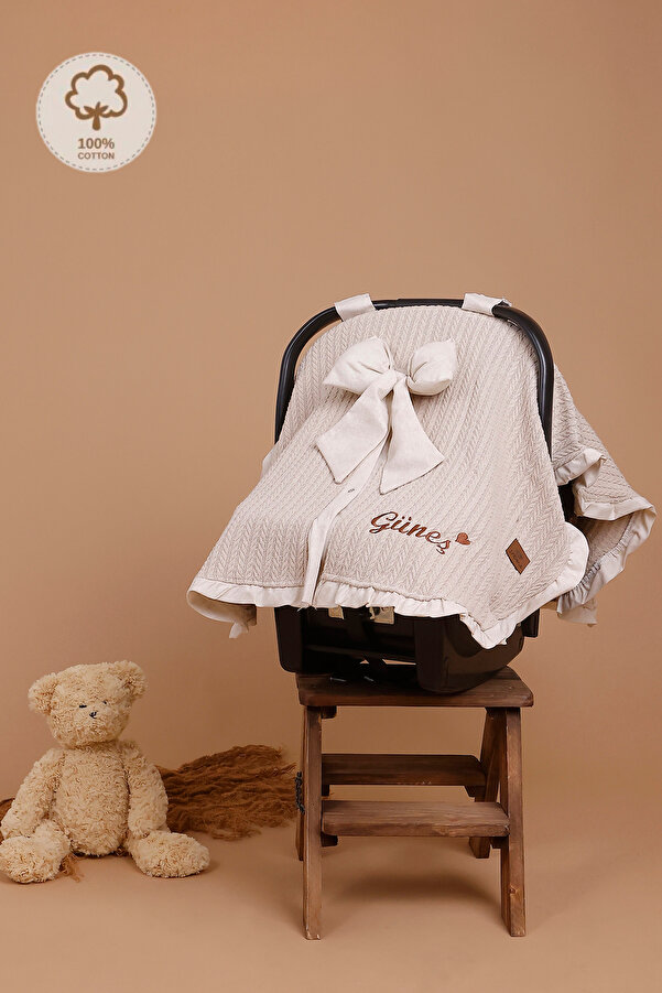 JUNİPERUS Kişiye Özel İsim Nakışlı Pike Puset Örtüsü Fırfırlı Bebek Puset Örtüsü