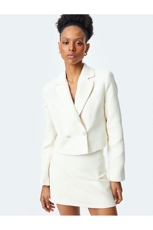 Koton-Long Sleeve Slim Fit Double Breasted Crop Tweed Blazer Jacket 1