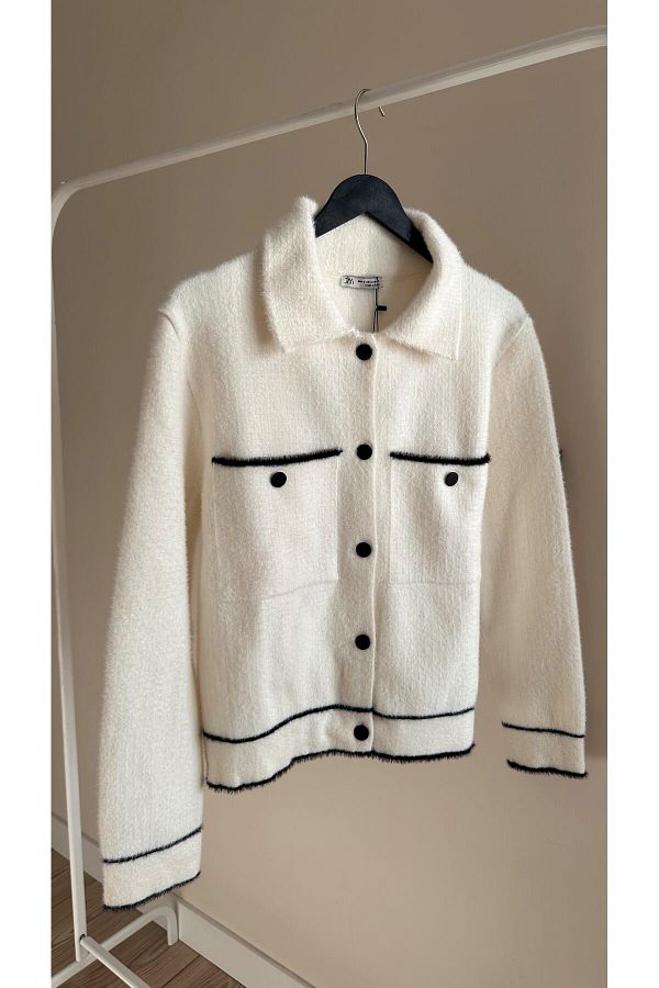 Maldia Shop-Women's Polo Neck Angora White Cardigan with Pockets 1