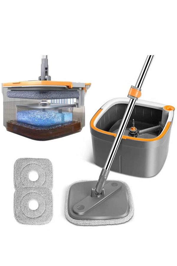Denx-Rotary Squeeze Mop and Bucket Microfiber Mop Pads Hand Free Wringing Floor Clean Mop with 2 Pads 1
