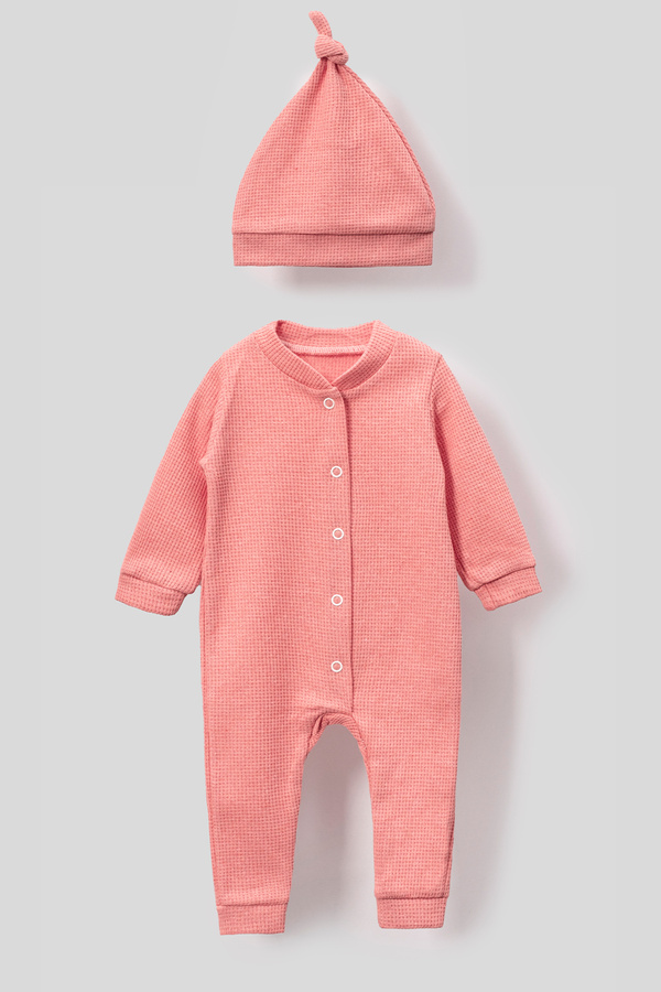 Bubito Tarz Şapkalı Fitilli Penye Bebek Tulum-Somon