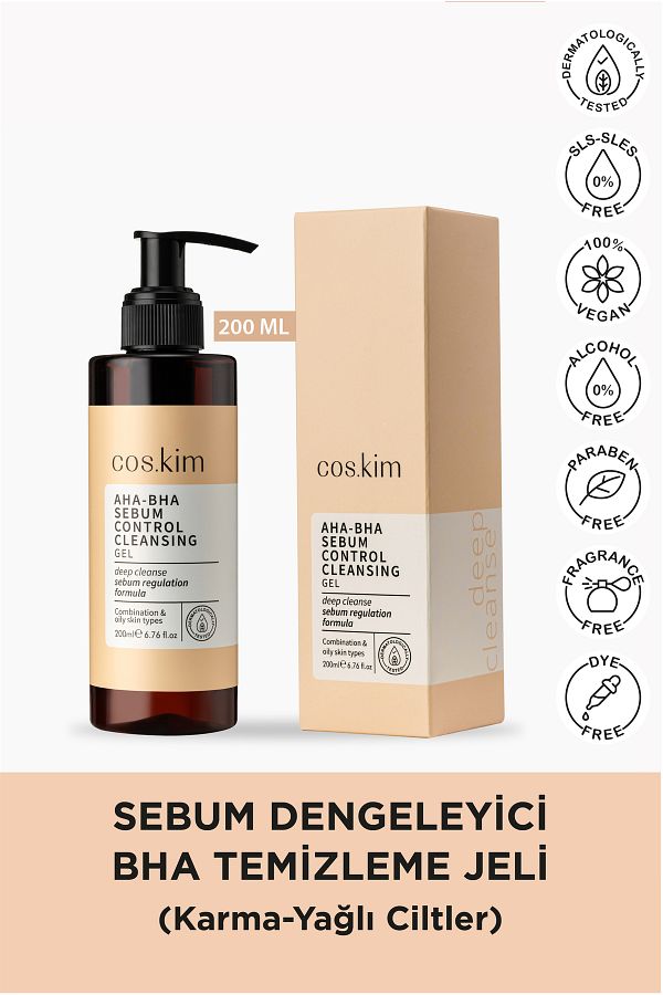Cos.kim-Aha & Bha - 200 ml Sebum Balancing and Pore Purifying Cleansing Gel |   Mixed - Oily Skin 1