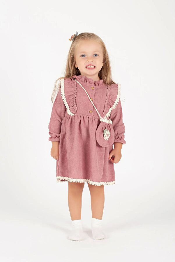 MİNİKO KİDS KIZ BEBEK UZUN KOL PAPATYA DESENLİ ÇANTALI BAYRAMLIK ELBİSE