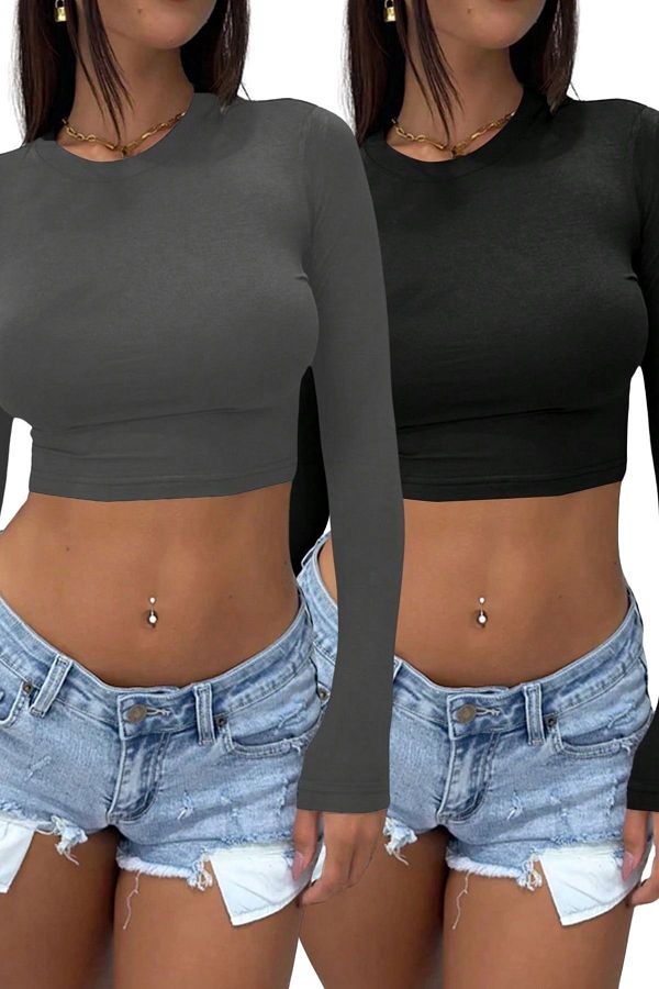 Know-Geräucherter schwarzer Rundhalsausschnitt Basic Long Sleeve Slim Crop 2er-Set 1