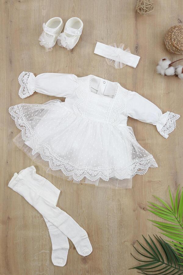 Sitilin Kız Bebek Mevlüt Elbisesi Gelinlik Fransız Dantelli Mevlit Takımı Bebek Mevlütlük Seti STL6838