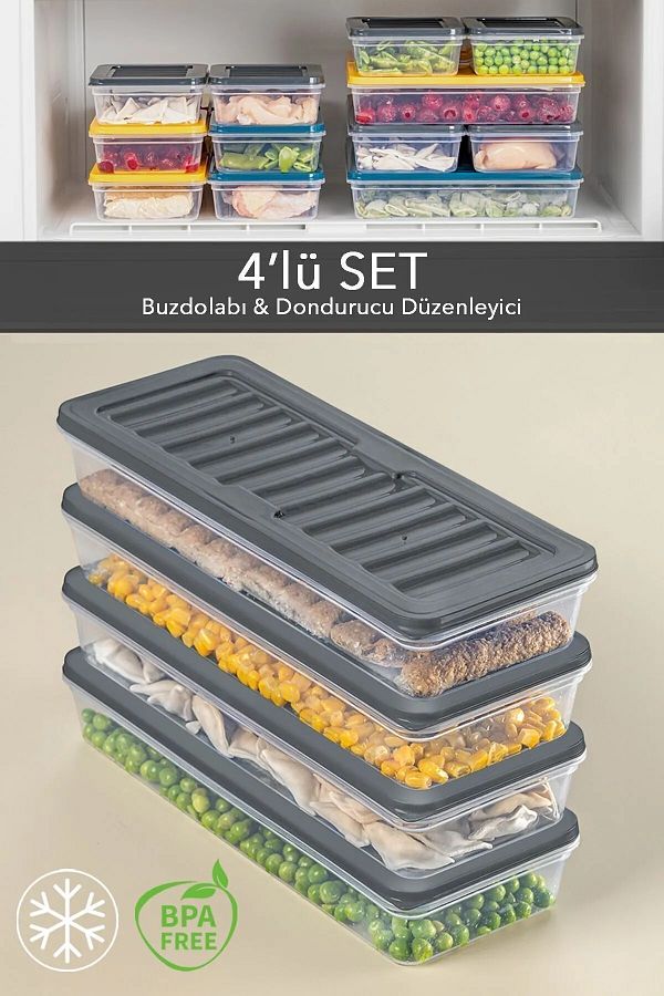 Flash Bazaar-Anthracite 4-Piece Refrigerator Organizer - Suitable for Microwave and Freeze, 1170 ml Storage Container 1