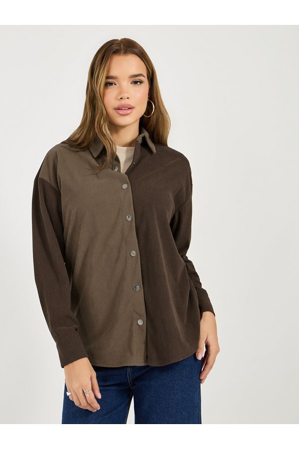 Styli-Oversized Color Block Corduroy Button Up Shirt 1
