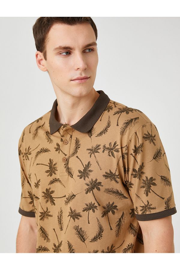 Koton-Polo Neck T-Shirt Palm Tree Printed Short Sleeve Slim Fit 1