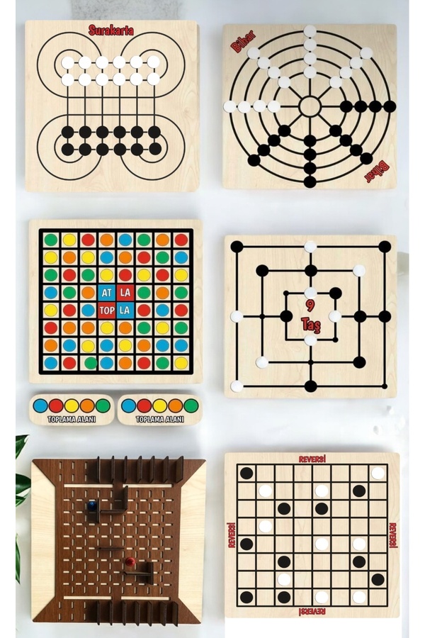 Kiri Akıl zeka oyunları 6 lı setimiz Atla topla, Surakarta, Bihar, 9 Taş, Reversi, Koridor