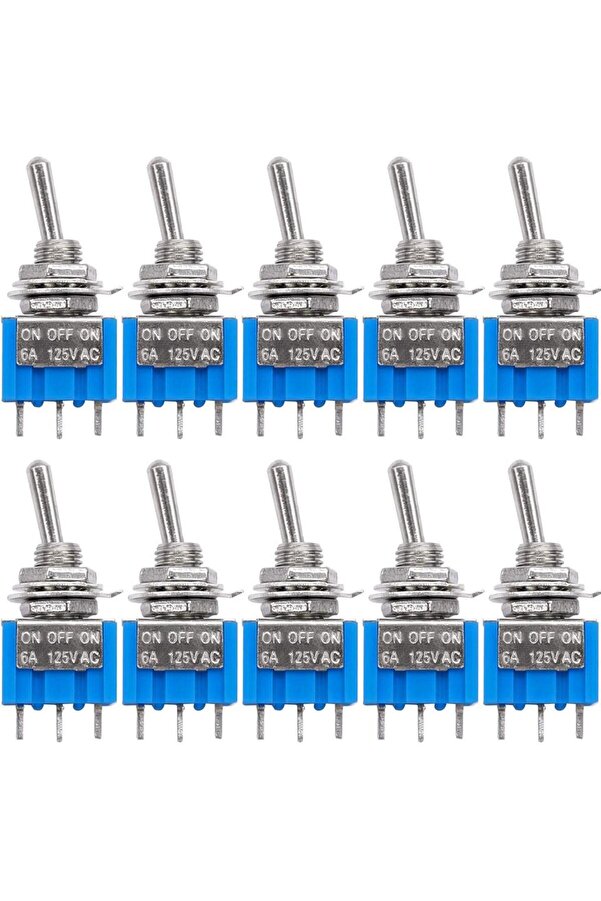 10 Interruptores De Palanca SPDT ON/OFF/ON 3 Posiciones - 6A/125V, 3A/250V, 3 Terminales, Color Azul/Plateado