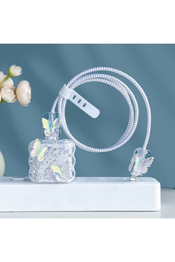 Choice-White Crystal Butterfly 5pcs Charging Data Cable Protector Winder Accessories For Iphone 18/20w Char 1