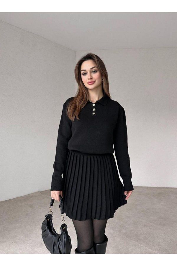 Cistern İstanbul-Women's Black Polo Neck Sweater Pleated Skirt Bottom Top Set 1