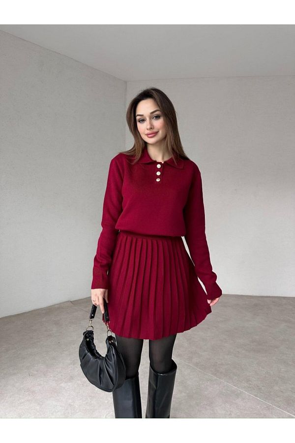 Cistern İstanbul-Women's Burgundy Polo Neck Sweater Pleated Skirt Bottom Top Set 1