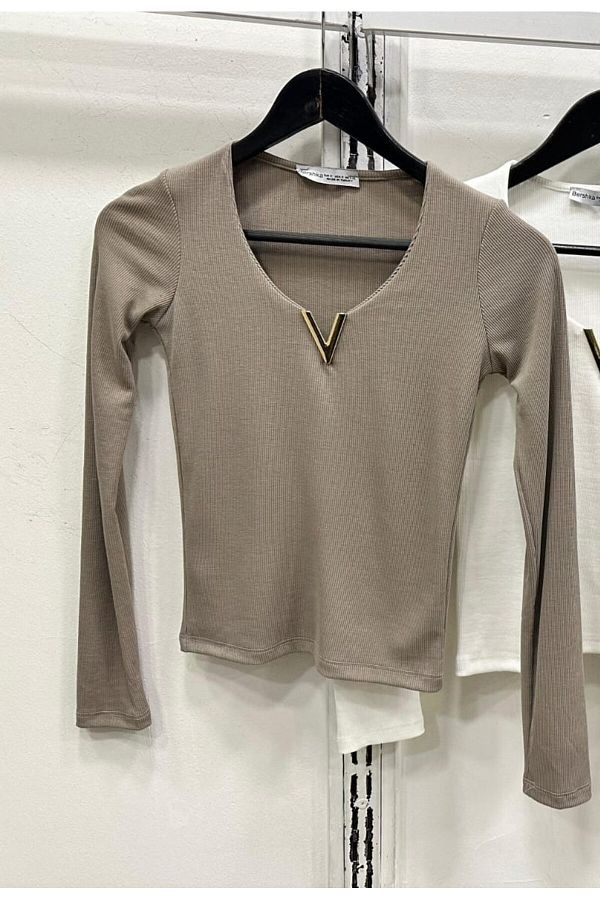 Fua Shop-Body de damă cu guler auriu V cu detalii metalice 1