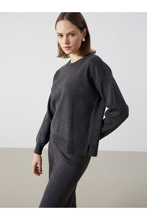LC Waikiki-Lcw Comfort Anthracite Crew Neck Shiny Look Women's Knitwear Sweater 1