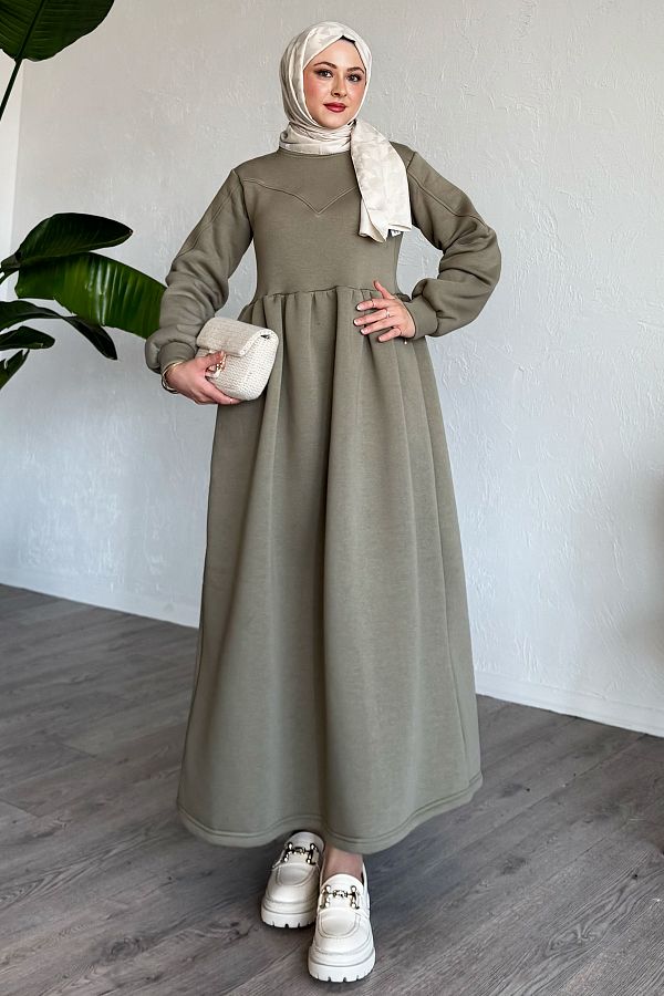 InStyle-Rochie elegantă cu mâneci cu balon de culoare kaki 1