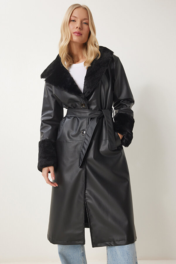 Damen Mantel Kunstledermantel Mit Fell Happiness İstanbul