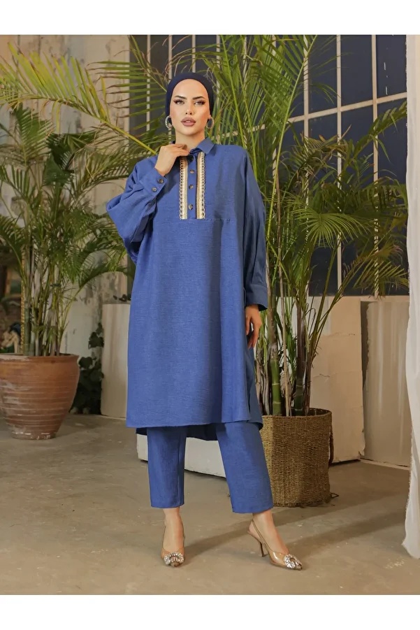 Modamorfo-Lässige Indigo-Tunika aus Leinen mit Knöpfen und Spitzenstickerei 1