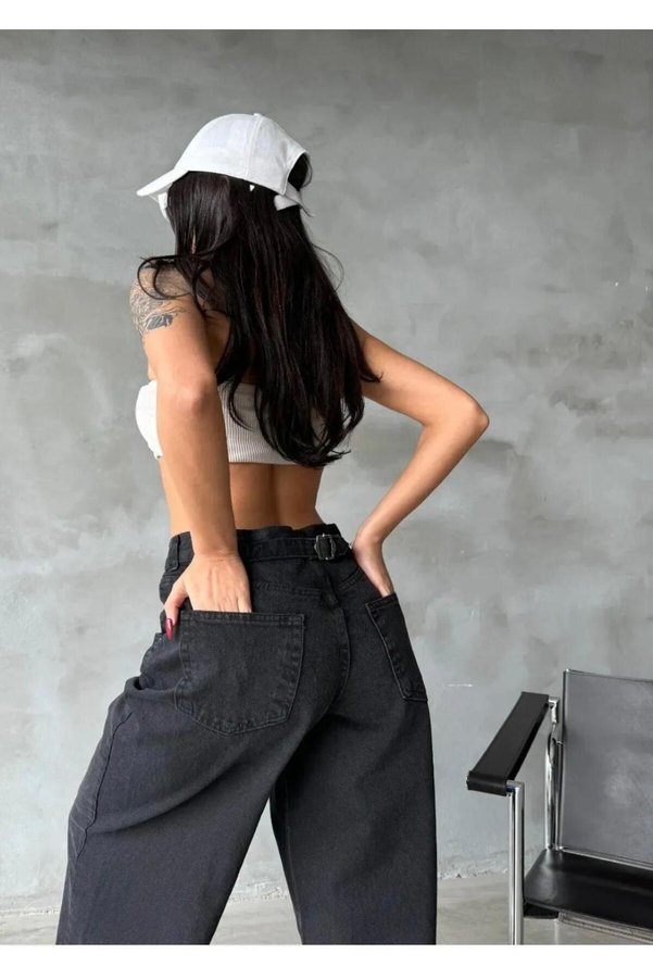 sushe TWIST Women's High-Waisted Baggy Jeans (New Season) Adjustable Back Buckle and Knee Stitch Detail