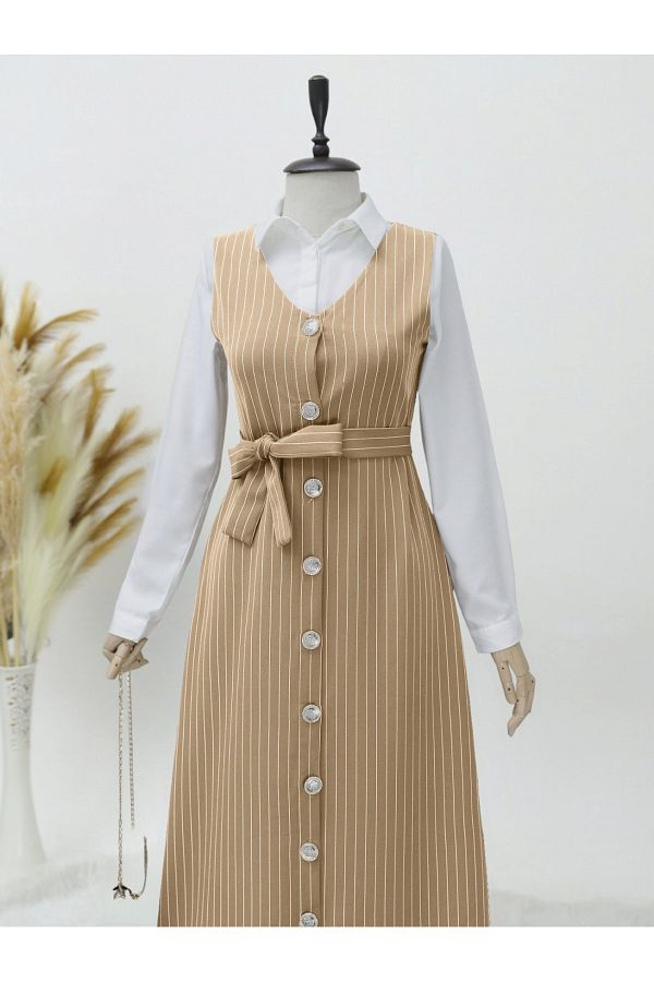 Modamorfo-Long Buttoned Belted Striped Gilet -Mink 1