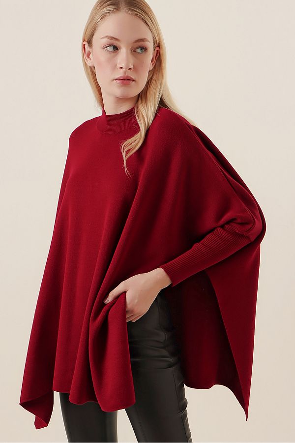 Bigdart-Claret Red Oversize Poncho Sweater - Side Slit 1